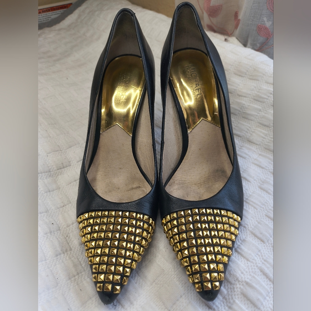 Michael Kors Black Leather Pointed Toe Heels with Gold Studs